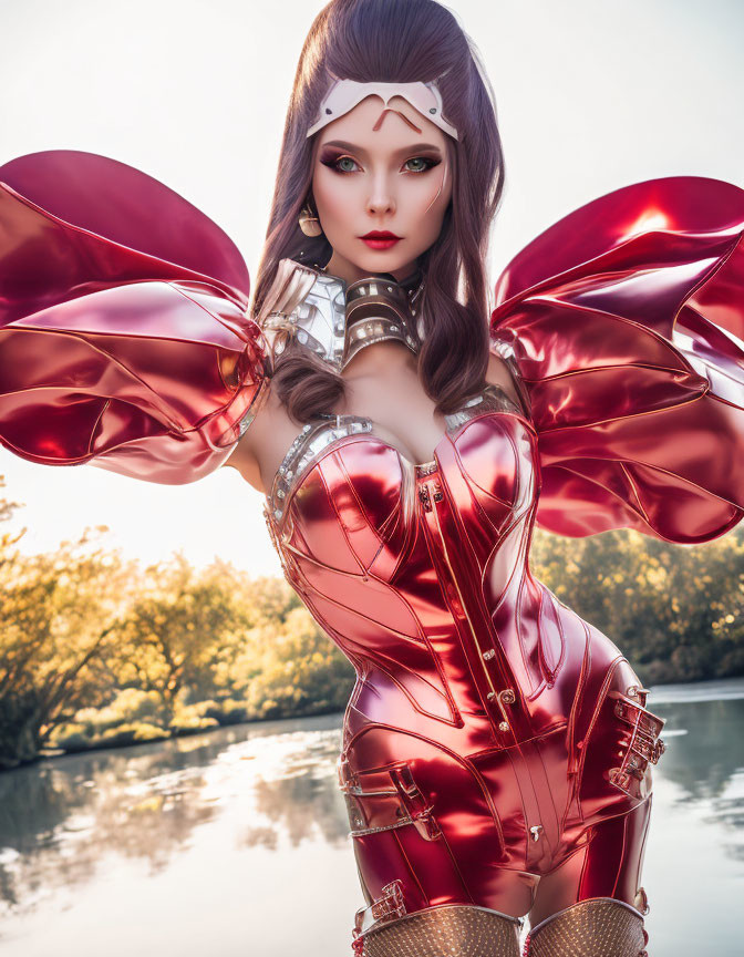 Iridescent-winged figure in metallic red bodysuit by serene river