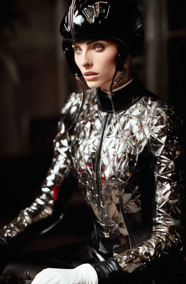 Futuristic silver motorcycle outfit and black helmet on pensive person