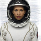 Blue-eyed woman with red hair in astronaut suit against metallic background