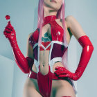 Futuristic red and white bodysuit with corset and gloves against blue-gray background