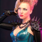 Blonde woman in teal bodysuit with updo hairstyle