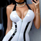Dark-haired woman in choker and makeup wearing glossy white bodysuit with black accents.