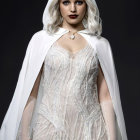 Futuristic white bodysuit with cape, hood, silver arm accessories, and red lipstick.