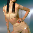 Dramatic stylized individual in futuristic golden outfit with sharp makeup