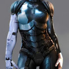 Futuristic metallic bodysuit with structured shoulder armor and blue hair styled in elaborate updo