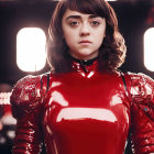 Futuristic woman in red armor with metallic shoulder embellishments