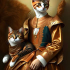 Fantasy artwork of two cats in golden armor on dark background
