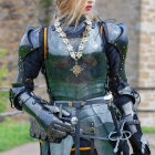 Futuristic silver and black armored costume with high collar and white hair pose.