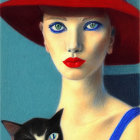 Woman with Striking Makeup Holding Black and White Cat in Red Hat and White Outfit