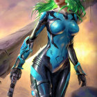 Futuristic woman with green hair in metallic bodysuit against cosmic backdrop