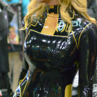 Blonde Woman in Futuristic Black Bodysuit with Gold Accents and Glowing Star Patterns