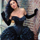Pale-skinned figure in black corset and gloves against shimmery, futuristic backdrop