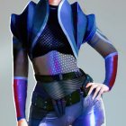 Futuristic black and purple bodysuit with glossy armor panels pose on grey background
