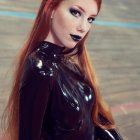 Person with long red hair and blue eyes in glossy black latex top pose elegantly.