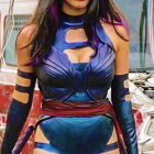 Hyper-realistic female humanoid character in purple bodysuit against industrial backdrop