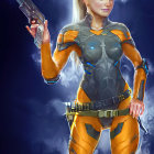 Futuristic woman with white hairstyle and golden gloves holding blade in sci-fi outfit
