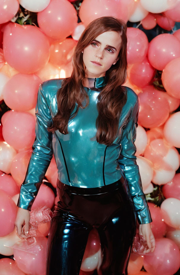 Woman in Blue Top and Black Pants with Pink Balloons Background