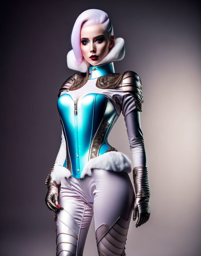Futuristic woman in white and blue bodysuit with metallic accents
