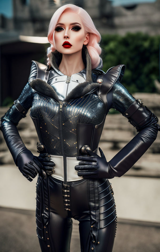 Pink-haired person in black and silver armor-like outfit standing confidently