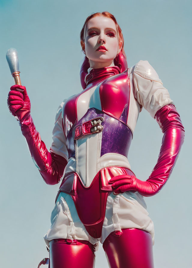 Person in white and magenta futuristic outfit with gloves, corset, and cape under clear sky