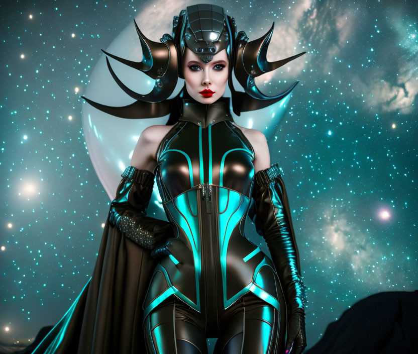 Elaborate black and teal armored female character in cosmic setting