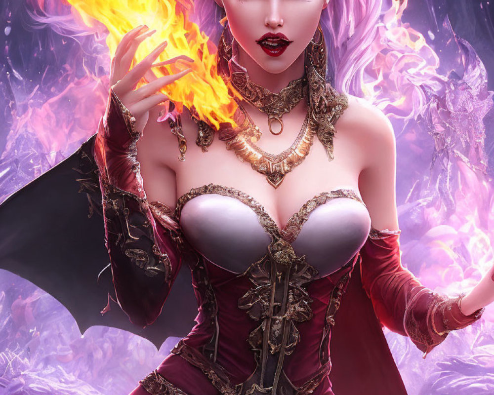 Fantasy illustration of woman with purple hair casting fire spell