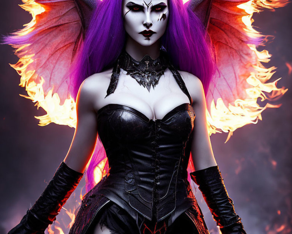 Purple-skinned female figure with bat-like wings in fantasy-themed art.