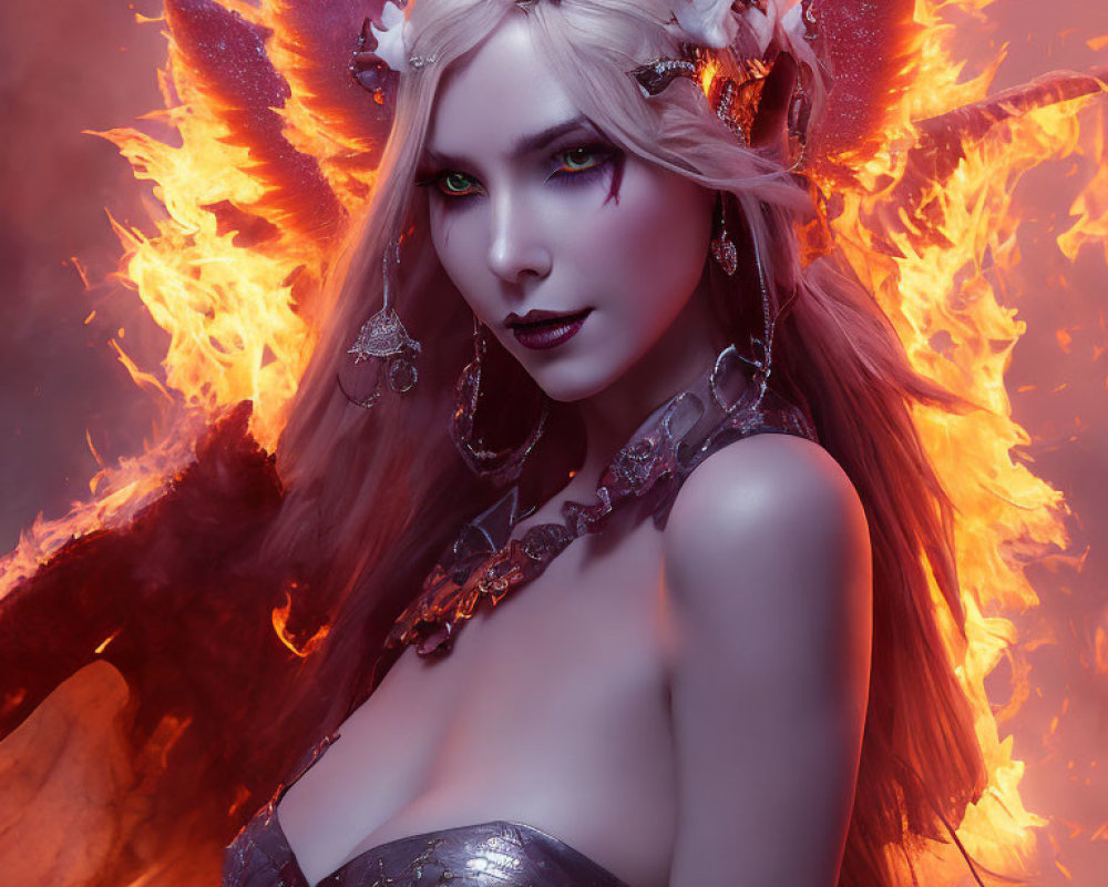 Fantasy-themed image of woman with pointed ears and horns against fiery backdrop