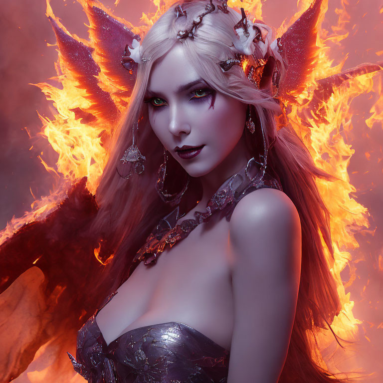 Fantasy-themed image of woman with pointed ears and horns against fiery backdrop
