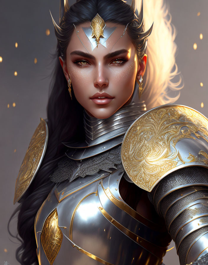 Female Warrior Digital Artwork: Ornate Golden Armor & Crown on Grey Background