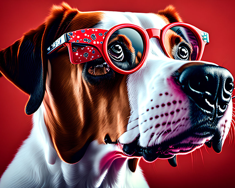 Vibrant digital dog illustration in red glasses and bandana pattern on red background