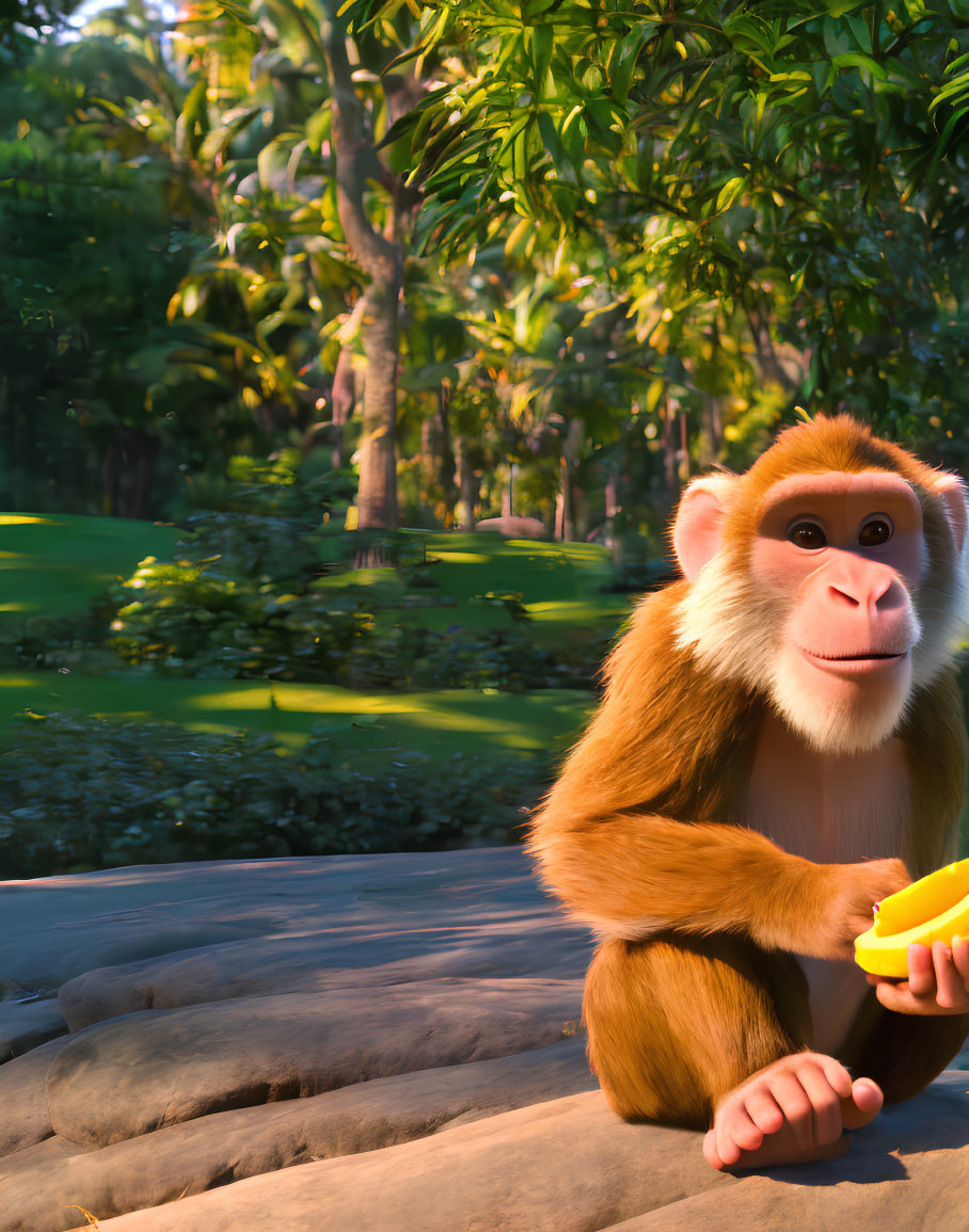 3D animated monkey with banana in lush forest landscape