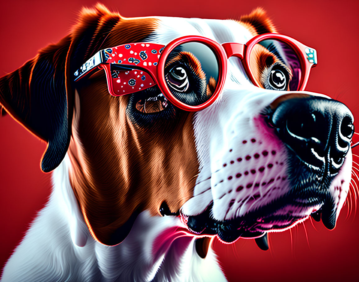 Vibrant digital dog illustration in red glasses and bandana pattern on red background