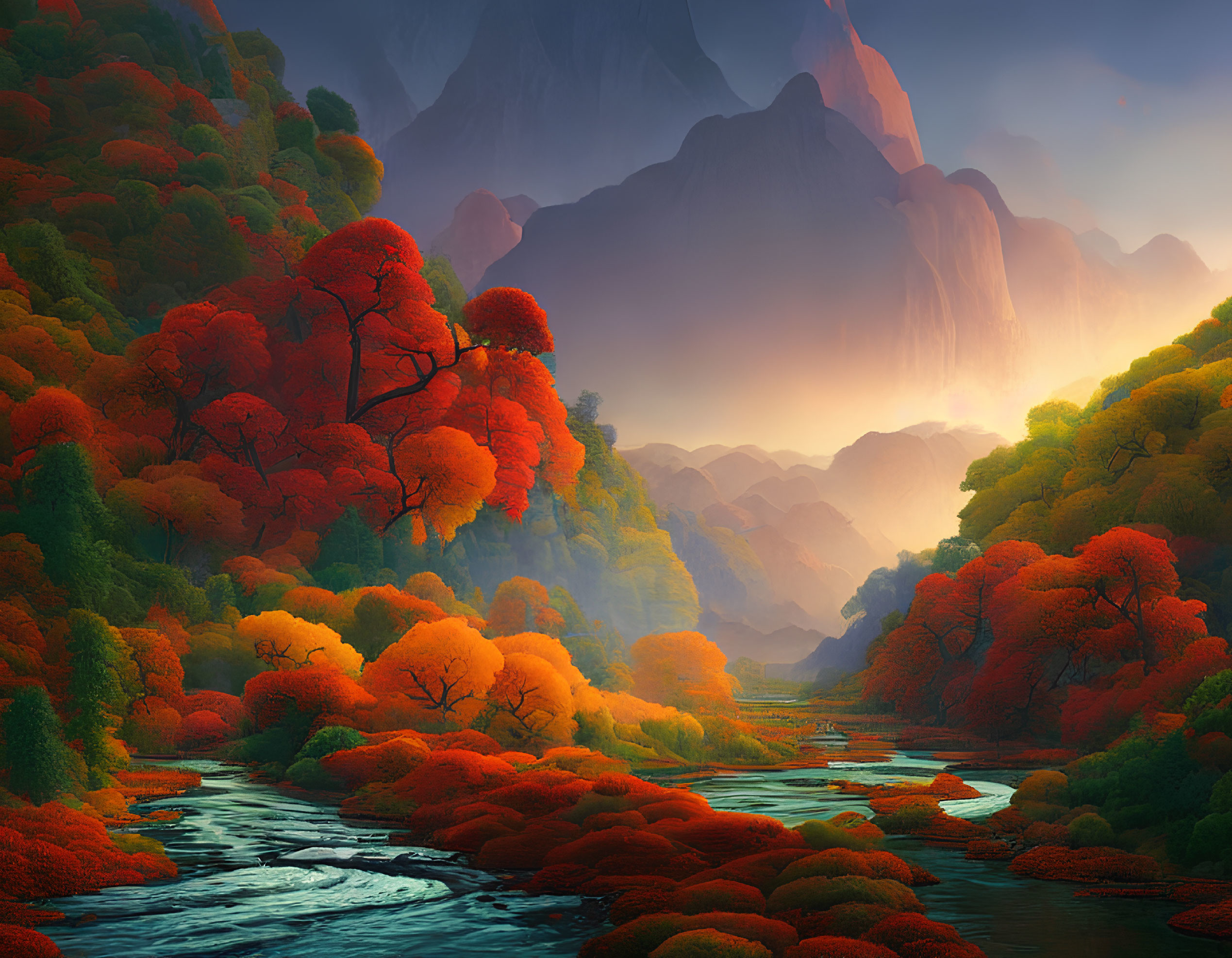 Scenic autumn landscape with river, forests, mountains, and sunlight