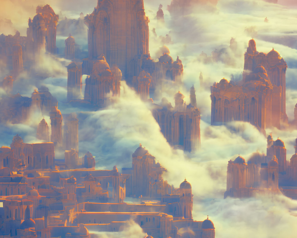 Golden cityscape with ornate spires in mystical fog at sunrise