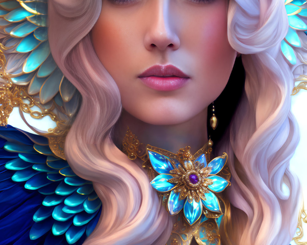 Portrait of Woman with White Hair, Blue Eyes, Gold and Blue Jewelry, Ornate Bird Feather Shoulder
