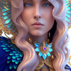 Portrait of Woman with White Hair, Blue Eyes, Gold and Blue Jewelry, Ornate Bird Feather Shoulder