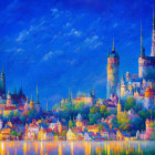 Fantasy town illustration with medieval buildings under starry sky