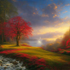 Scenic autumn landscape with river, forests, mountains, and sunlight