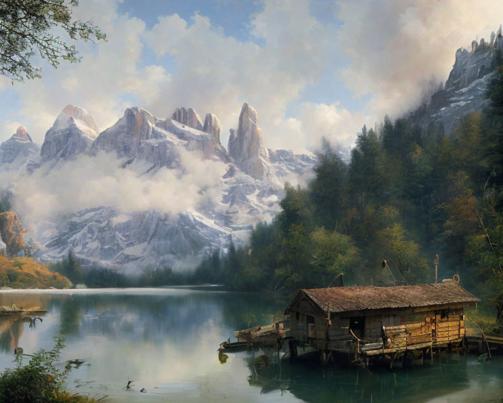 Tranquil lake scene with rustic cabin, snowy mountains, and misty sky