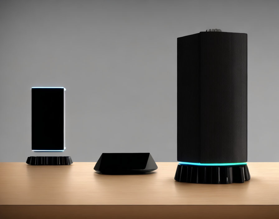 Modern Wireless Speakers with Ambient Lighting on Wooden Table