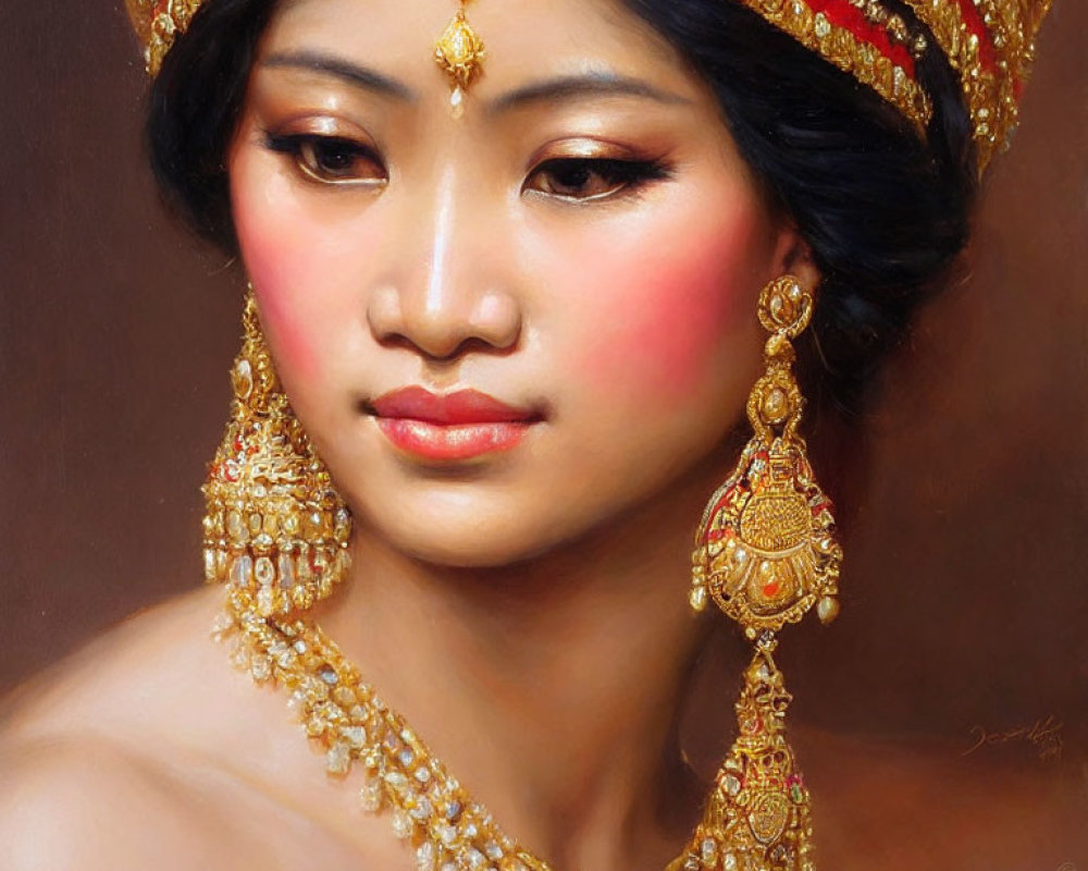 Elaborate Golden Jewelry and Traditional Headpiece on Woman Painting