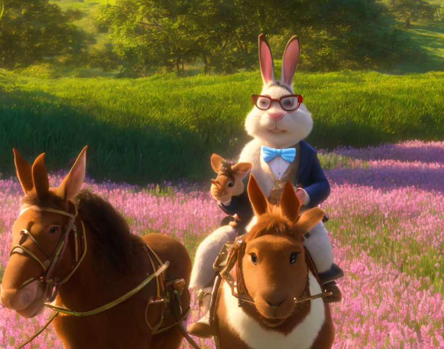 Animated rabbit in spectacles with two donkeys in sunny meadow