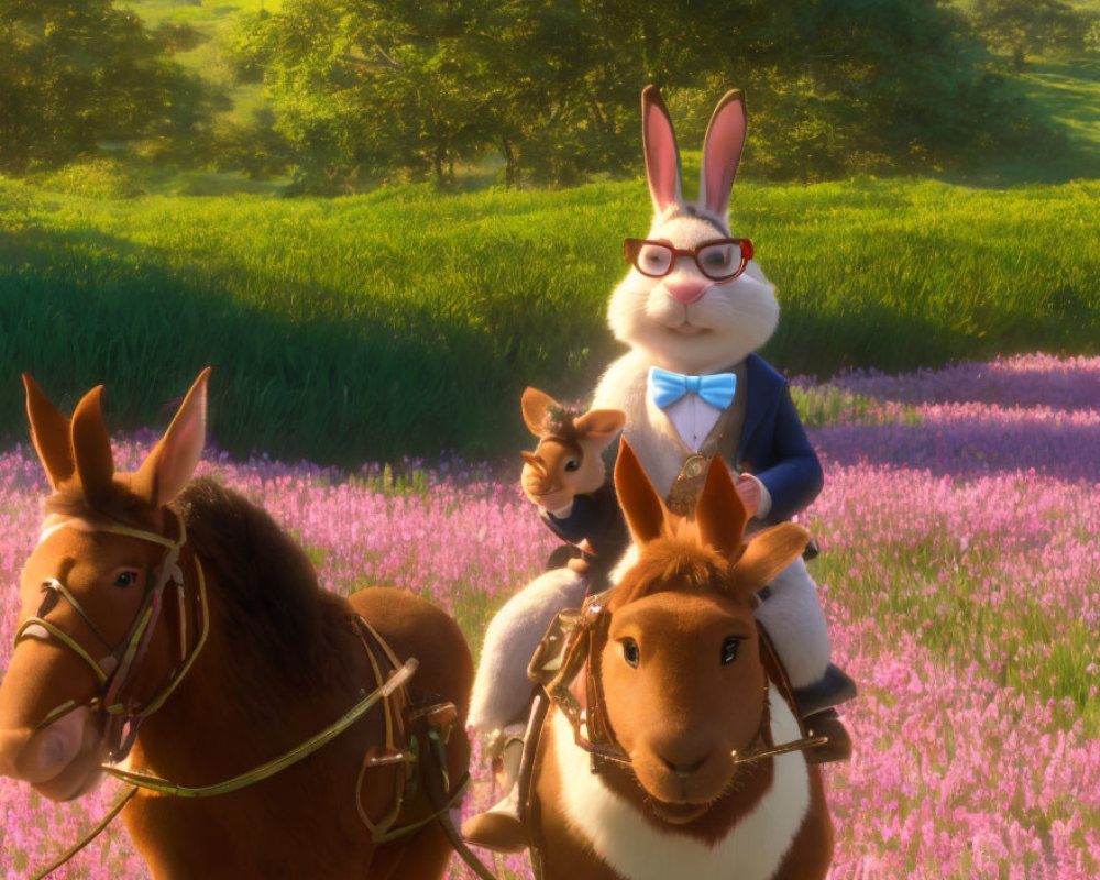 Animated rabbit in spectacles with two donkeys in sunny meadow