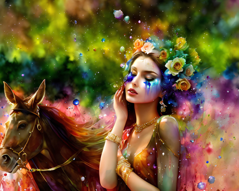 Fantasy illustration of woman with floral adornments and horse in magical setting