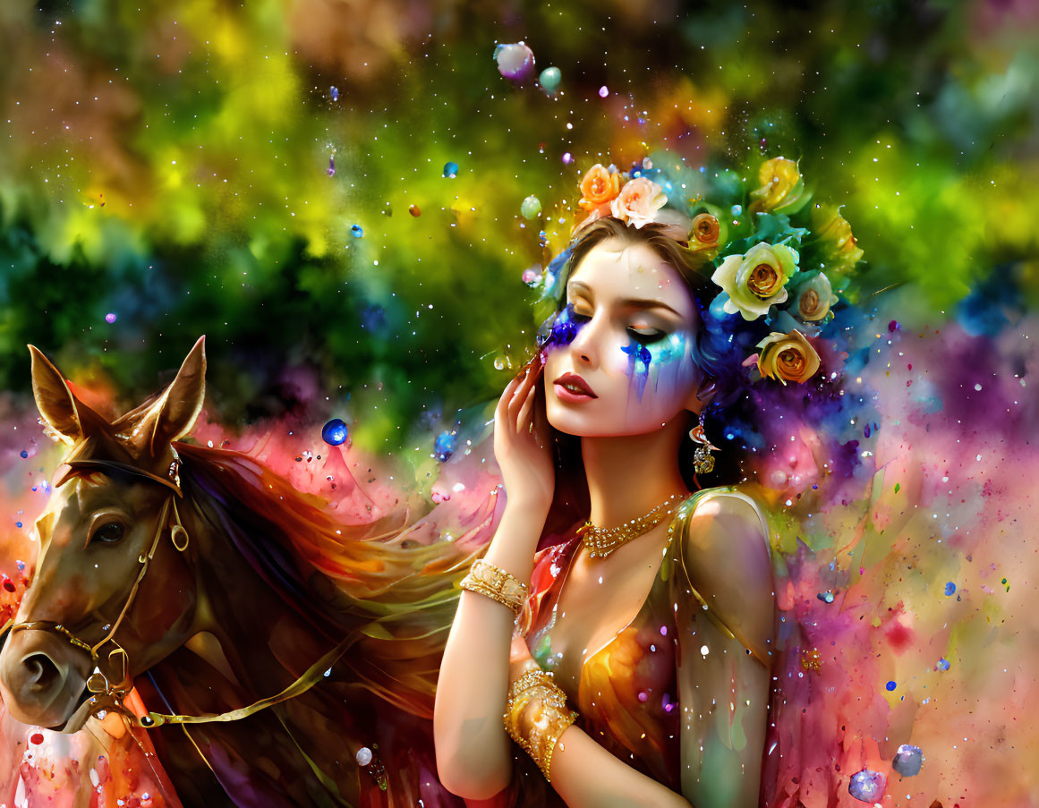 Fantasy illustration of woman with floral adornments and horse in magical setting
