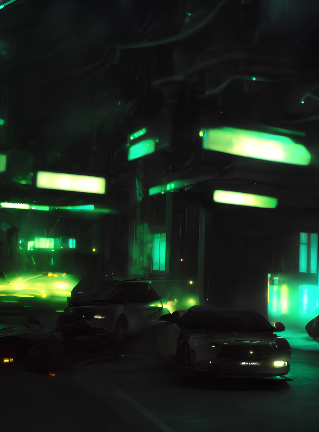 Neon green lit parking area with modern cars & hazy ambiance