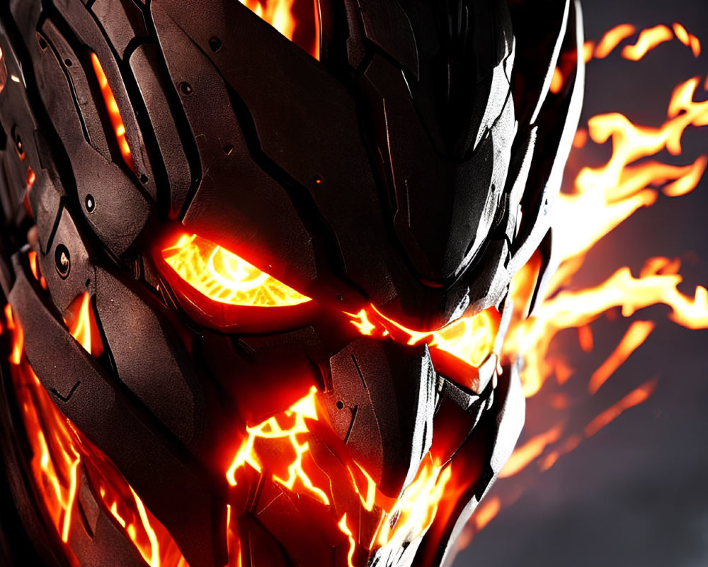Menacing robot face with glowing red eyes and fiery cracks on dark metallic armor