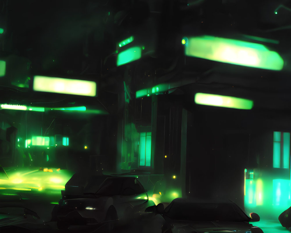 Neon green lit parking area with modern cars & hazy ambiance