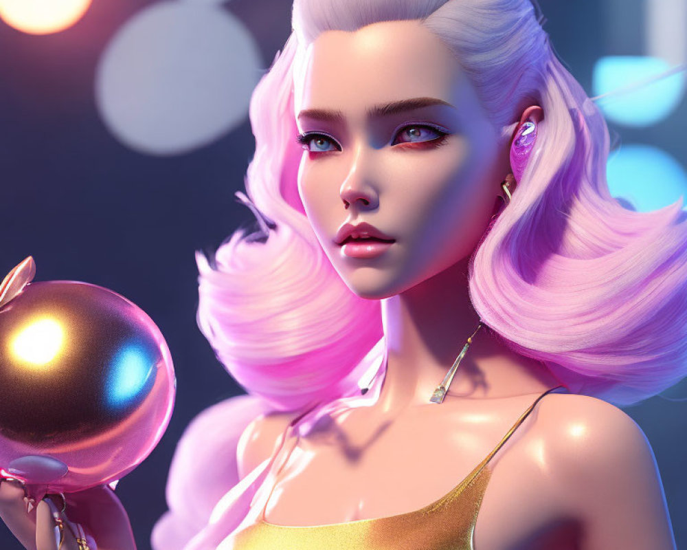 Female character with pastel pink hair holding metallic sphere in 3D render